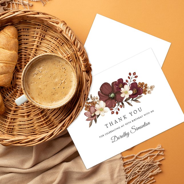 Burgundy Mauve Ivory Fall 90:e födelsedagslat Tack Kort (Skapare uppladdad)