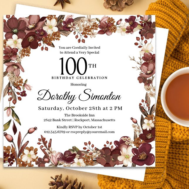 Burgundy Mauve Ivory Fall Blommigt 100-årsdagen Inbjudningar (Need matching party supplies? Message me!)