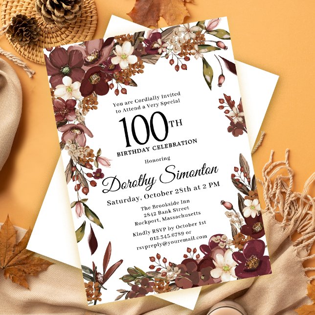 Burgundy Mauve Ivory Fall Blommigt 100-årsdagen Inbjudningar (Need a matching fall welcome sign? Party supplies. Message me!)