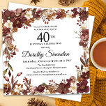 Burgundy Mauve Ivory Fall Blommigt 40:e födelsedag Inbjudningar<br><div class="desc">Elegant burgundröd,  mauv rosa och elfenbensvit blommor skapar en mycket söt blommigt ram. Berries och grenar ge är en modern och rustik Boho-vibe. Namn som fyller år skrivs i ett tidlöst skript. Denna punkt är en del av insamlingen av Blommigten Burgundy,  Mauve och White.</div>