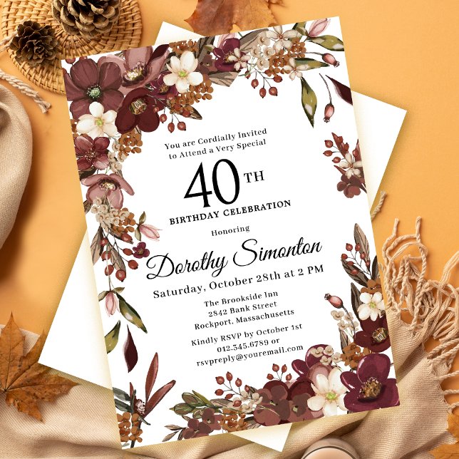 Burgundy Mauve Ivory Fall Blommigt 40:e födelsedag Inbjudningar (Need matching Autumn party supplies? Message me!)