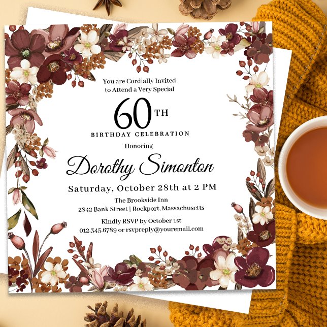 Burgundy Mauve Ivory Fall Blommigt 60:e födelsedag Inbjudningar (Need matching party supplies? Message me!)
