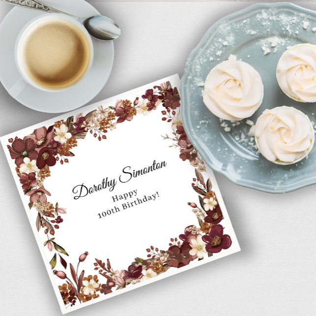 Burgundy Mauve White Fall Flower 100 Birthday Pappersservett (Need more matching party supplies? Message me!)