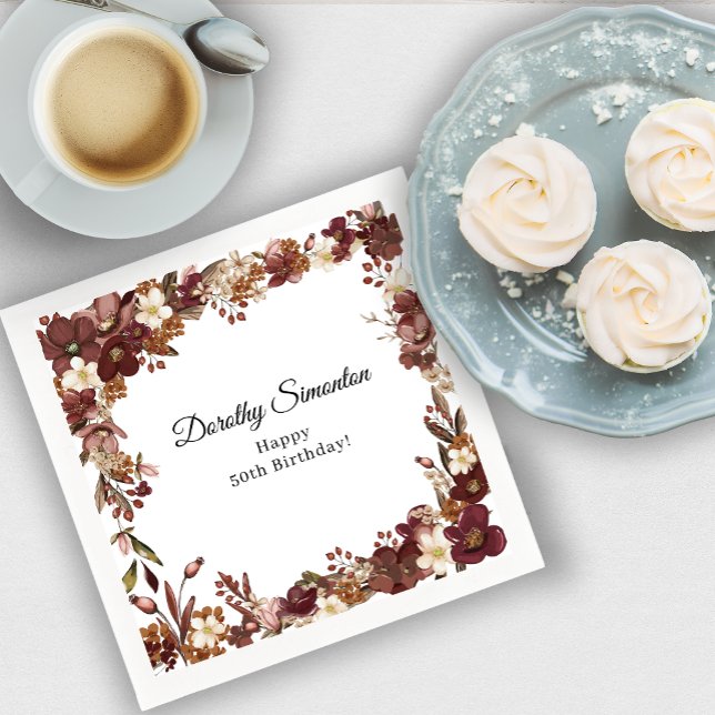 Burgundy Mauve White Fall Flower 50:e födelsedagen Pappersservett (Need more matching party supplies? Message me!)