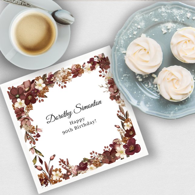 Burgundy Mauve White Fall Flower 90:e Birthday Pappersservett (Need more matching party supplies? Message me!)