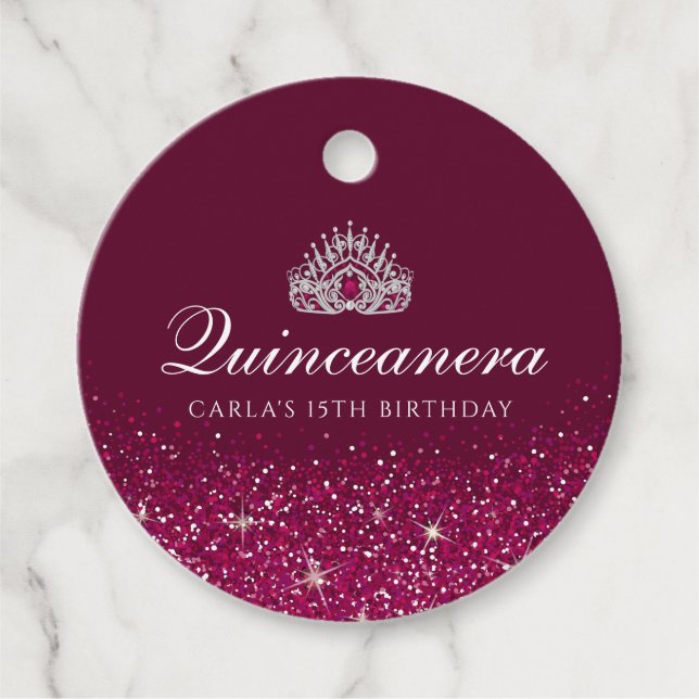 Burgundy med Glitter Quinceanera Gåvor Etiketter (Framsida)