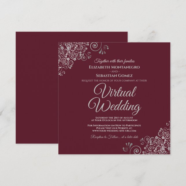 Burgundy med Lacy Silver Elegant Virtuellare Bröll Inbjudningar (Fram/baksida)