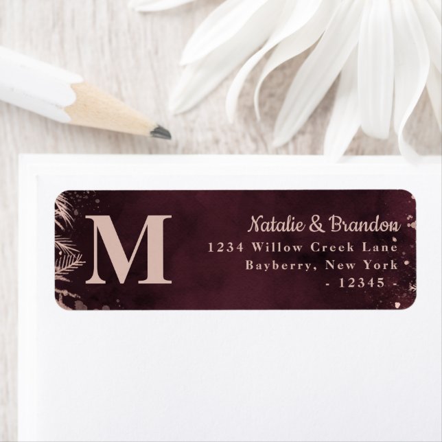 Burgundy med Ro Guld Monogram Returadress Returadress Etikett (Insitu)