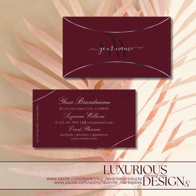 Burgundy med Silver Decor och Monogram Elegant Visitkort (Skapare uppladdad)