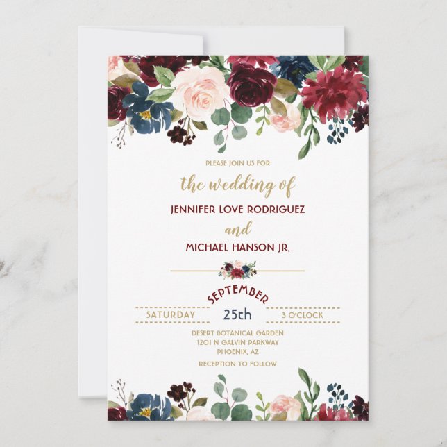 Burgundy Merlot & Marinblå Blomsterbuketter Bröllo Inbjudningar (Framsida)