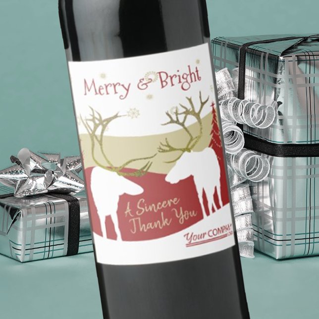 Burgundy Merry & Bright Holiday-flaska Etikett (company Christmas logo wine labels, corporate holiday stickers, rustic elk antlers red burgundy gold)
