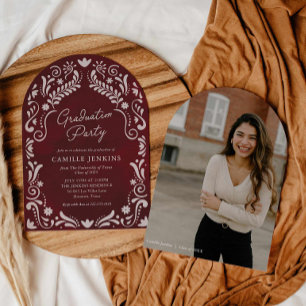 Burgundy Mexican Papel Picado Photo Studenten Inbjudningar