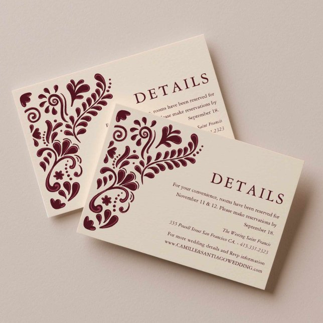 Burgundy mexikanska bröllopsdetaljer Kortinsats Tilläggskort (Burgundy Papel Picado Wedding Details Card)