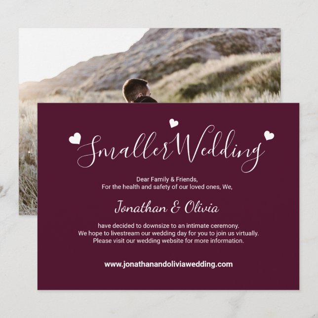 Burgundy Mindre Bröllopsfoto Förminskat Bröllop Meddelande (Fram/baksida)