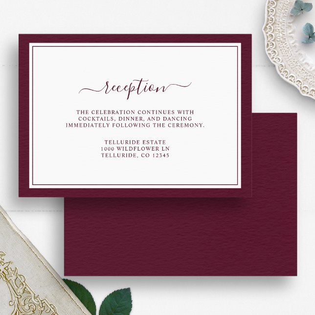 Burgundy Minimal Elegant Script Reception Bröllop Tilläggskort (Burgundy Minimal Elegant Script Reception Wedding Enclosure Card by Painted Paperie
)