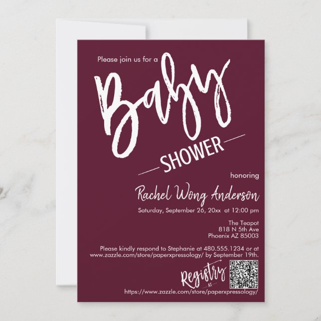 Burgundy Minimal Script-babyvisningsprogram QR-kod Inbjudningar (Framsida)