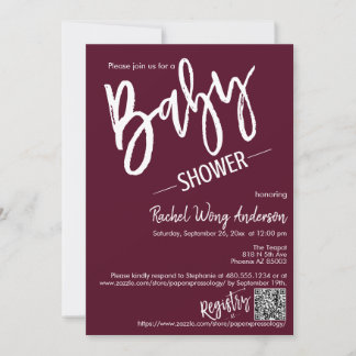 Burgundy Minimal Script-babyvisningsprogram QR-kod Inbjudningar