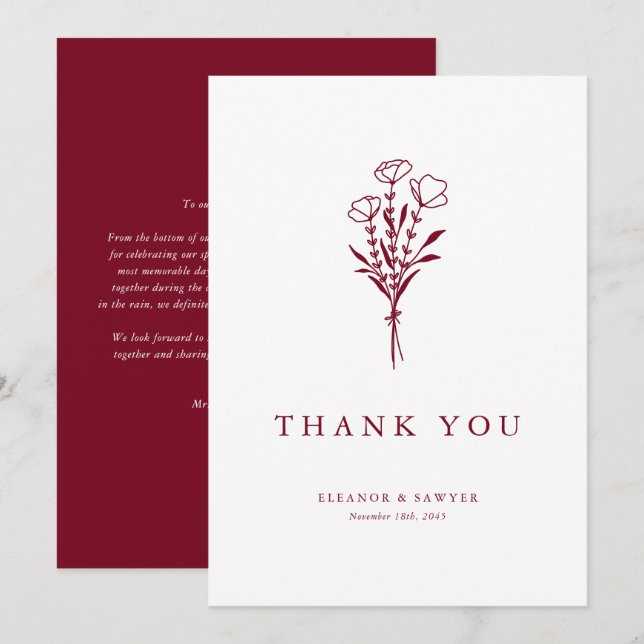 Burgundy Minimalist Botanicals Bröllop Tack Kort (Fram/baksida)