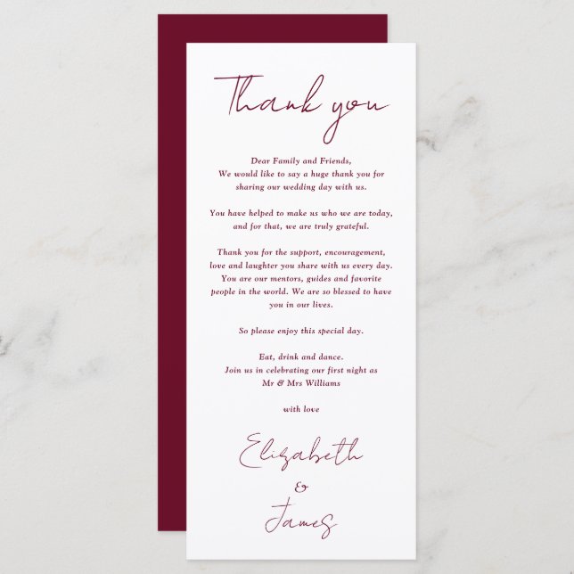 Burgundy Minimalist Bröllop Tack Place Card Meny (Fram/baksida)
