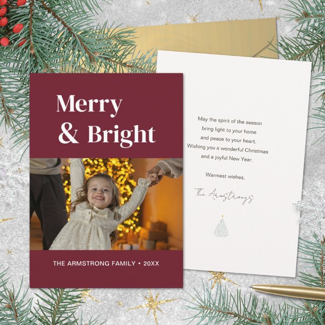 Burgundy Minimalist Merry Bright Jul Julkort (Burgundy Minimalist Photo Card)