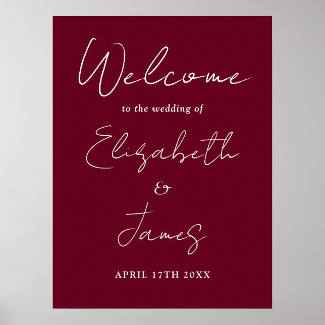 Burgundy Minimalist Script Bröllopsväxlingsskylt Poster (Framsidan)