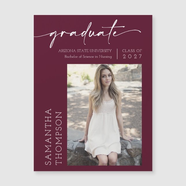 Burgundy Minimalist-skript Photo Student Magnet (Framsida)