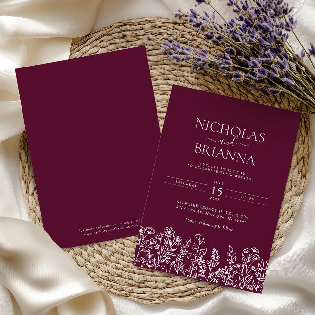 Burgundy Minimalist Wildflower Wedding Monogram  Inbjudningar (Skapare uppladdad)