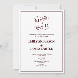 Burgundy Minimalistisk Botanisk Monogram Bröllop  Inbjudningar