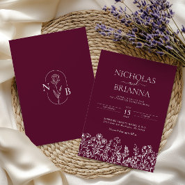 Burgundy Minimalistisk Bröllopsmonogram med Vildbl Inbjudningar