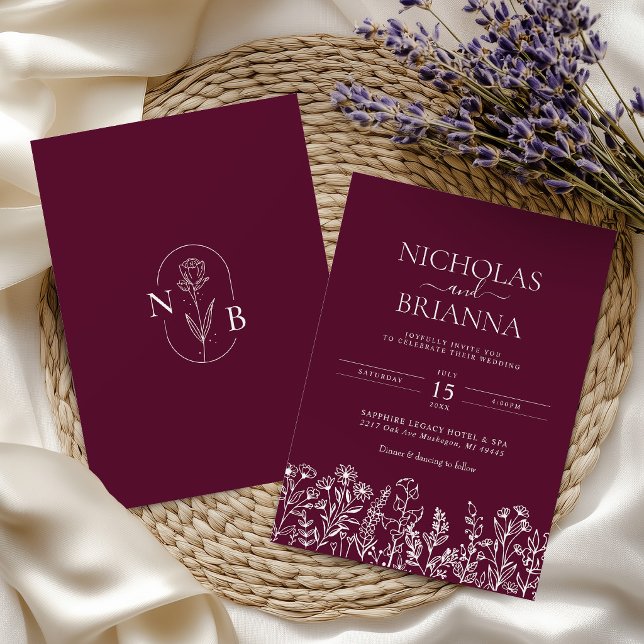 Burgundy Minimalistisk Bröllopsmonogram med Vildbl Inbjudningar (Skapare uppladdad)