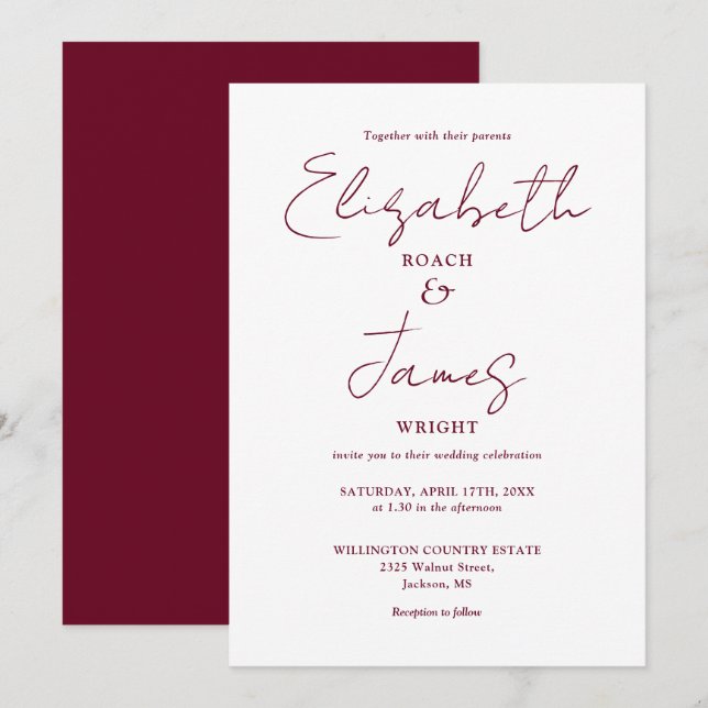 Burgundy minimalistisk elegant script bröllop inbjudningar (Fram/baksida)