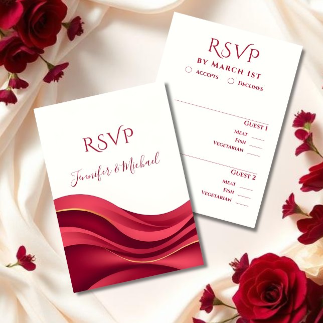 Burgundy Modern Bröllop  OSA Kort (Burgundy Wedding  RSVP Card with Meal Options)