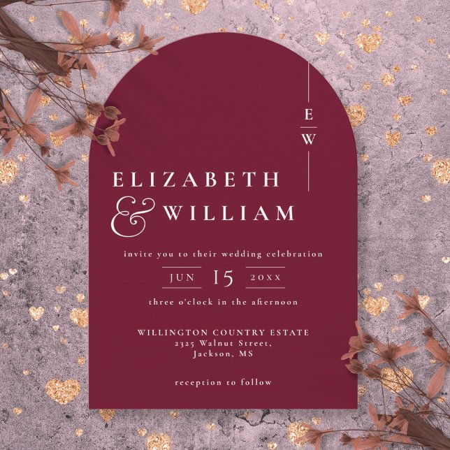 Burgundy Modern Elegant Chic Monogram Bröllop Arch Inbjudningar (Burgundy Modern Elegant Chic Monogram Wedding Arch Invitation)