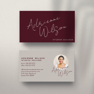 Burgundy Modern Elegant Signature Minimalist Photo Visitkort