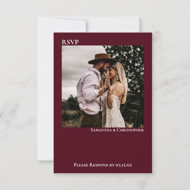 Burgundy Modern enkla, minimalistiskt foto Bröllop OSA Kort (Framsida)