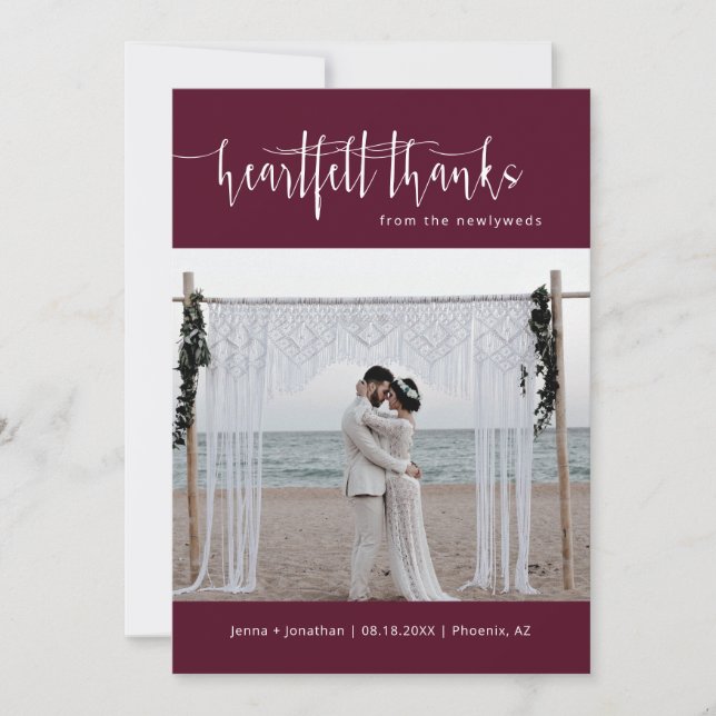 Burgundy Modern Minimal Script Bröllop-fotoplatt Tack Kort (Framsida)