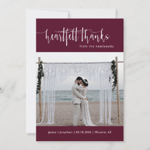 Burgundy Modern Minimal Script Bröllop-fotoplatt Tack Kort