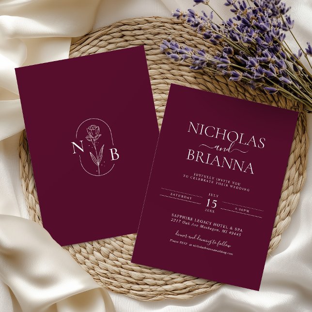 Burgundy Modern Minimalistisk Boho Bröllopsmonogra Inbjudningar (Skapare uppladdad)