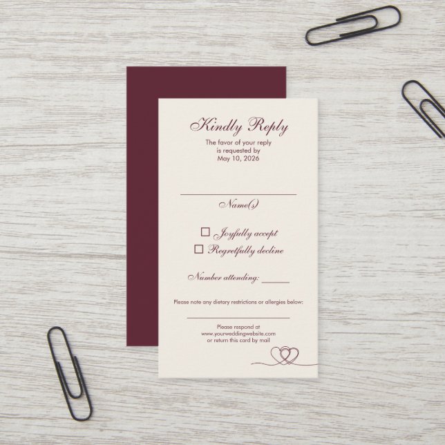 Burgundy Modern Mix and Match Bröllop RSVP-kort Visitkort (Fram/Back In Situ)