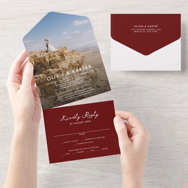 Burgundy Modern Simple Dold Romantic Photo Bröllop (Skapare uppladdad)