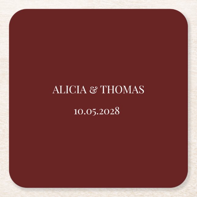 Burgundy Moderna Initialer Minimalistisk Bröllop  Underlägg Papper Kvadrat (Framsidan)