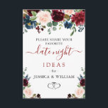 Burgundy Möhippa Datum Nattjidkort Rådkort<br><div class="desc">Burgundy Navy Blue Blommigt Möhippa Date Night Idea Advice Card.</div>