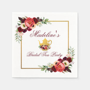Burgundy Möhippa Tea Party Boho Blommigt Guld Pappersservett