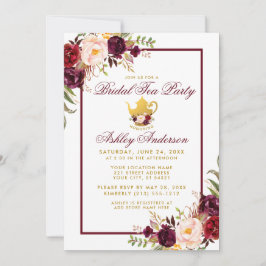 Burgundy Möhippa Tea Party Guld Inbjudan FB