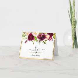 Burgundy Monogram-anteckningskort för  Blommigt i  Tack Kort