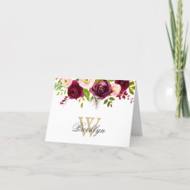Burgundy Monogram-anteckningskort för  Blommigt i  Tack Kort
