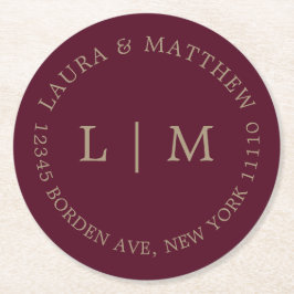 Burgundy Monogram Bröllop Underlägg Papper Rund