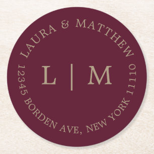 Burgundy Monogram Bröllop Underlägg Papper Rund
