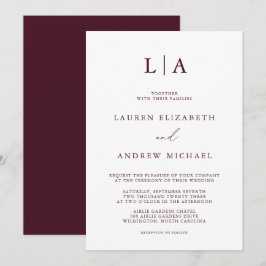 Burgundy Monogram enkel minimalistisk Bröllop Inbjudningar