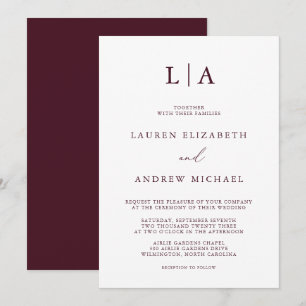 Burgundy Monogram enkel minimalistisk Bröllop Inbjudningar